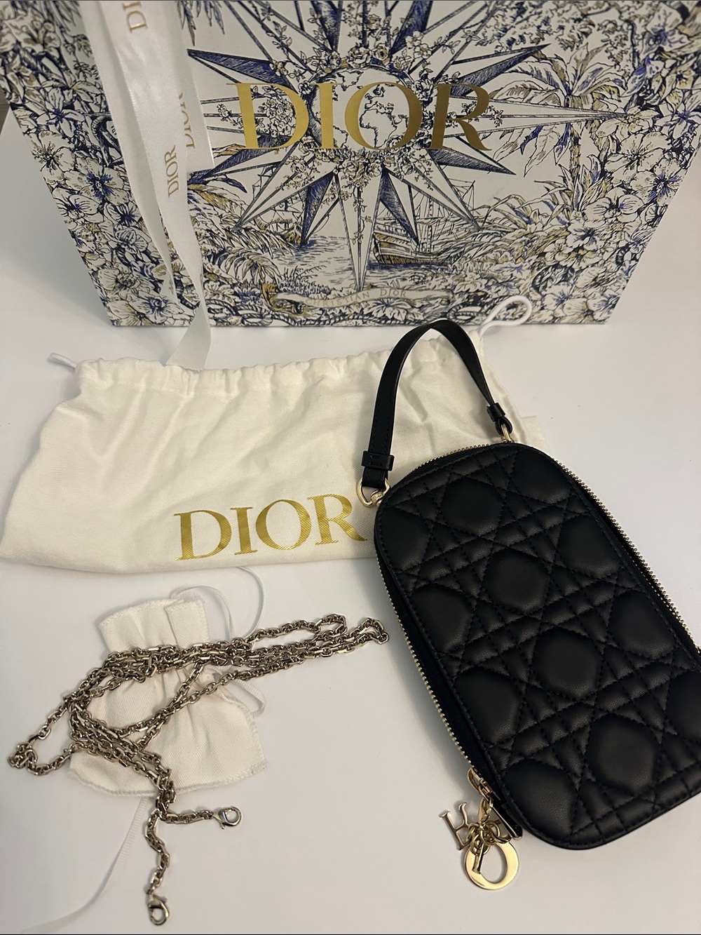 Lady DIOR call’in phone holder in black Cannage lambskin